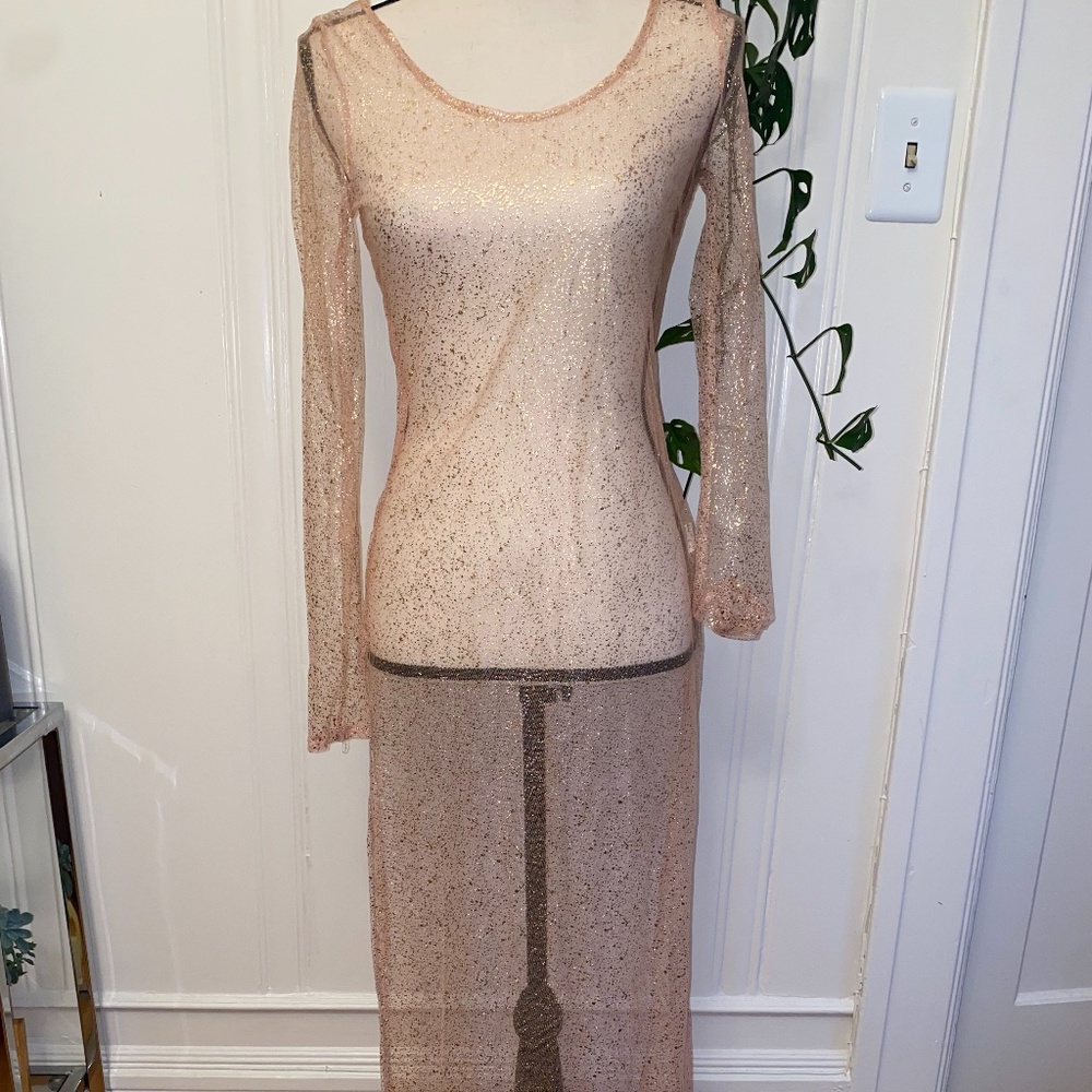 Sheer sparkly light pink maxi dress with long sleeves